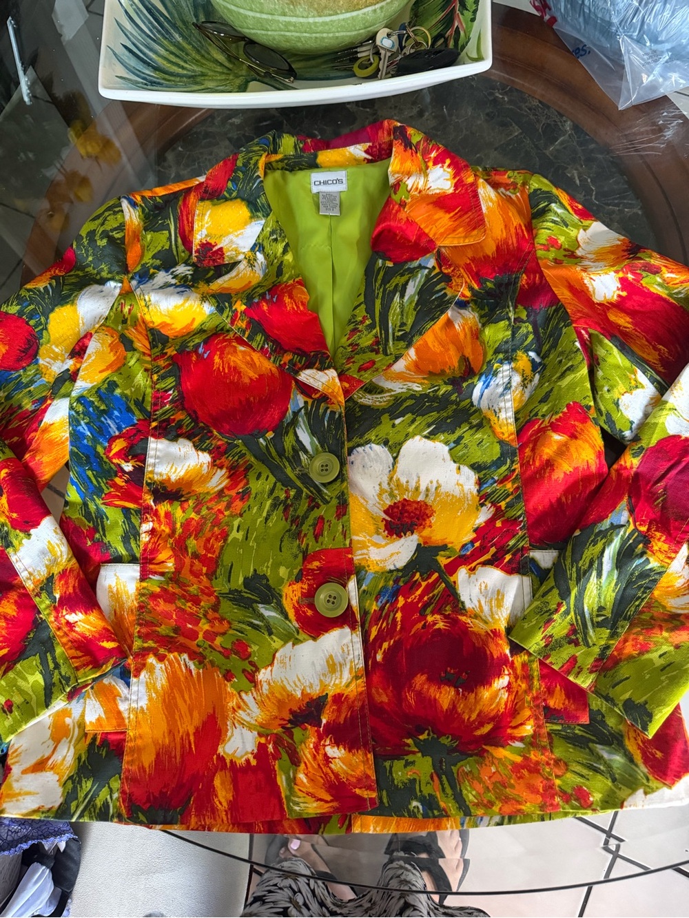Chico's Vibrant Floral Single-Button Blazer in Red, Yellow, Green, Blue